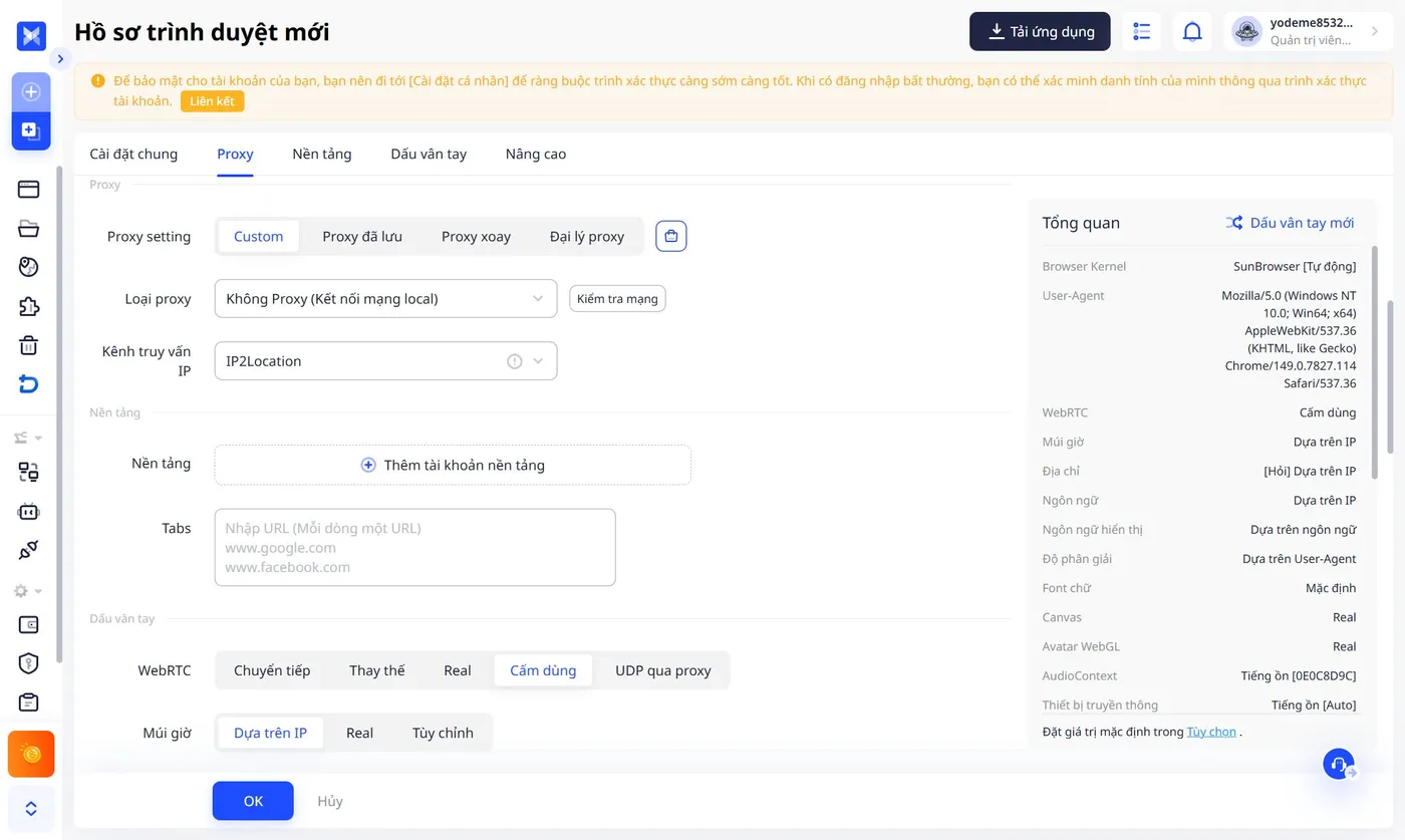 Tab cấu hình proxy trong màn hình tạo hồ sơ AdsPower
